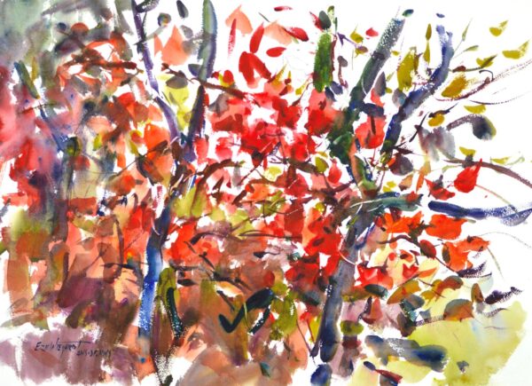 4684 Color of Spring, original watercolor painting by Eric Wiegardt of red leaves on a bush with scatterings of tan on a white background.