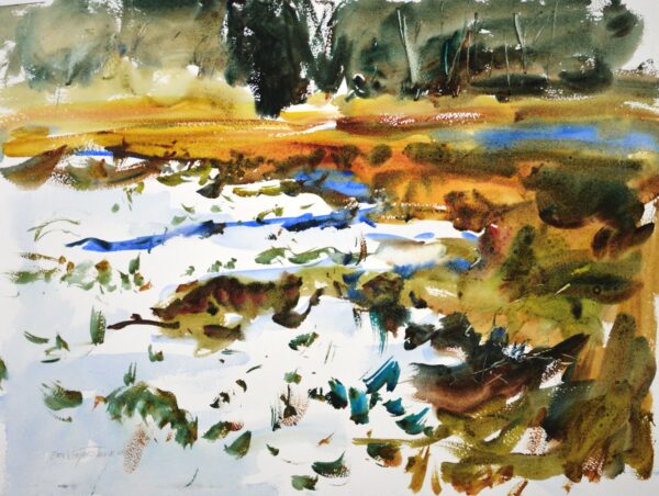4685 Snowbank, original watercolor painting by Eric Wiegardt of a patch of snow covering part of the ground with golden grass poking through as well as beyond the edge of the snow. A wooded area is at the top of the painting.