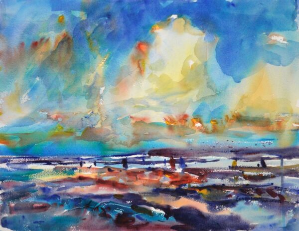 4686 Clamming Sunset, original watercolor painting by Eric Wiegardt of people out digging clams at sunset. The colors are blue with white and oranges reflecting on the sand and puddles.
