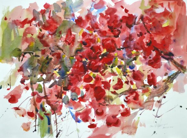 4687 Winter Flash, original watercolor painting by Eric Wiegardt of red leaves on a bush left over from the fall, on a white background.