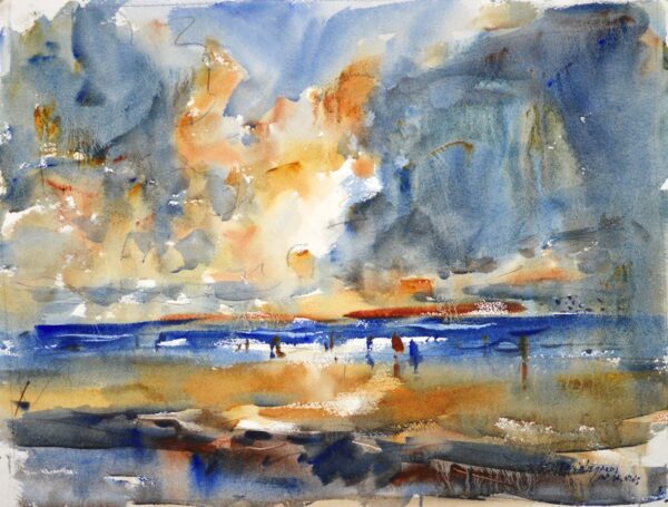 4688 Winter Sun: Clamdiggers, original watercolor painting by Eric Wiegardt of people clamming on a blustering winter evening with the clouds and sunset of grey, orange and yellow above.
