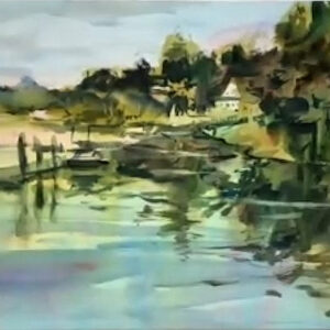 An impressionistic watercolor painting by Eric Wiegardt, depicting a serene harbor scene on an overcast day. The foreground features broad strokes of light blue and green, representing calm water that reflects soft light. To the left, dark shapes suggest wooden docks extending into the water. The background shows a tree-covered hillside with hints of buildings and darker green foliage, all under a muted grey and light blue sky, conveying a peaceful, reflective atmosphere.