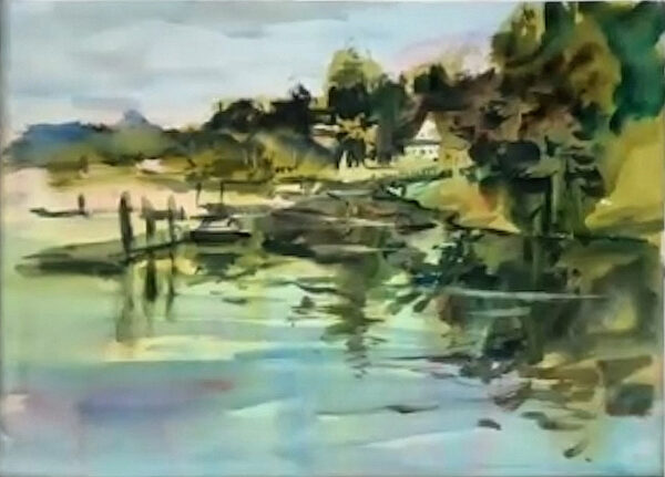 An impressionistic watercolor painting by Eric Wiegardt, depicting a serene harbor scene on an overcast day. The foreground features broad strokes of light blue and green, representing calm water that reflects soft light. To the left, dark shapes suggest wooden docks extending into the water. The background shows a tree-covered hillside with hints of buildings and darker green foliage, all under a muted grey and light blue sky, conveying a peaceful, reflective atmosphere.