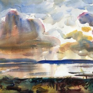 A vibrant and expressive watercolor painting by Eric Wiegardt, depicting a dramatic skyscape over a body of water at what appears to be sunrise or sunset. Large, colorful clouds dominate the top, painted with washes of blue, grey, pink, purple, and warm yellows and oranges, with visible gestural lines. Below the horizon, the water reflects the sky's colors, showing bright light and dark blue strokes. The foreground suggests abstract marshy land in earthy tones of green, brown, and yellow, with dark, fluid lines.