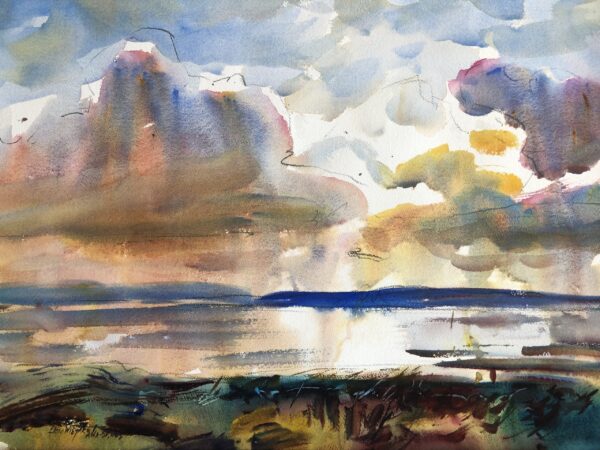 A vibrant and expressive watercolor painting by Eric Wiegardt, depicting a dramatic skyscape over a body of water at what appears to be sunrise or sunset. Large, colorful clouds dominate the top, painted with washes of blue, grey, pink, purple, and warm yellows and oranges, with visible gestural lines. Below the horizon, the water reflects the sky's colors, showing bright light and dark blue strokes. The foreground suggests abstract marshy land in earthy tones of green, brown, and yellow, with dark, fluid lines.