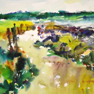 4690 Beach Walk, original watercolor painting by Eric Wiegardt of people walking beside a stream that is flowing into the ocean. This uses warm colors of greens, browns and tan.