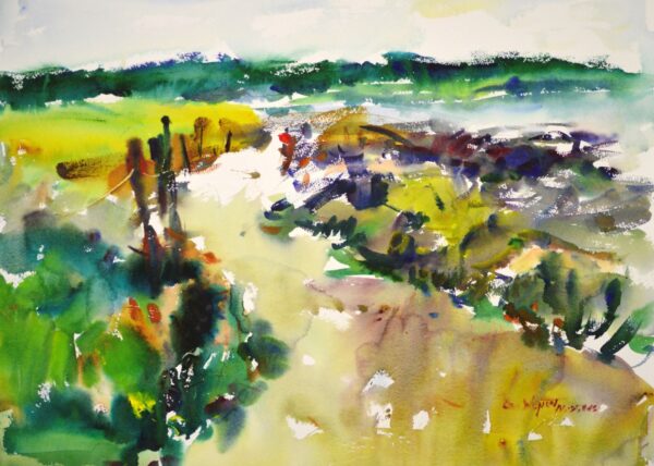 4690 Beach Walk, original watercolor painting by Eric Wiegardt of people walking beside a stream that is flowing into the ocean. This uses warm colors of greens, browns and tan.