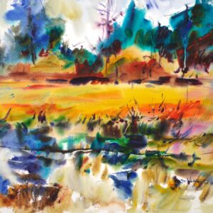 4691 Amber Marsh, original watercolor painting by Eric Wiegardt of a marsh area done in lots of amber shades with green trees in the distance and marshy area in the foreground.