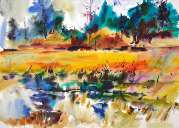 4691 Amber Marsh, original watercolor painting by Eric Wiegardt of a marsh area done in lots of amber shades with green trees in the distance and marshy area in the foreground.