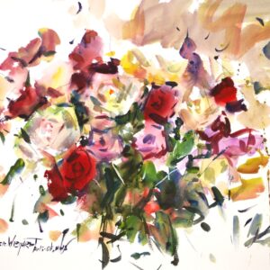 4692 Red & White Roses, original watercolor painting by Eric Wiegardt of a red and white rose bouquet on a white and tan background.