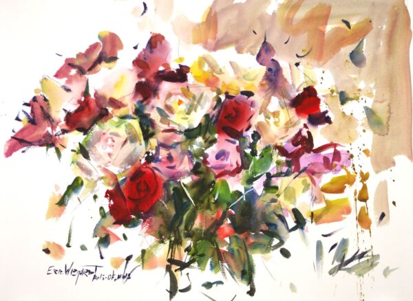 4692 Red & White Roses, original watercolor painting by Eric Wiegardt of a red and white rose bouquet on a white and tan background.