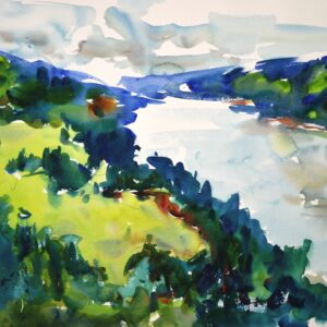4693 Columbia Gorge, original watercolor painting by Eric Wiegardt of the Columbia River as it flows down the gorge of varying green hills beneath a cloudy sky.