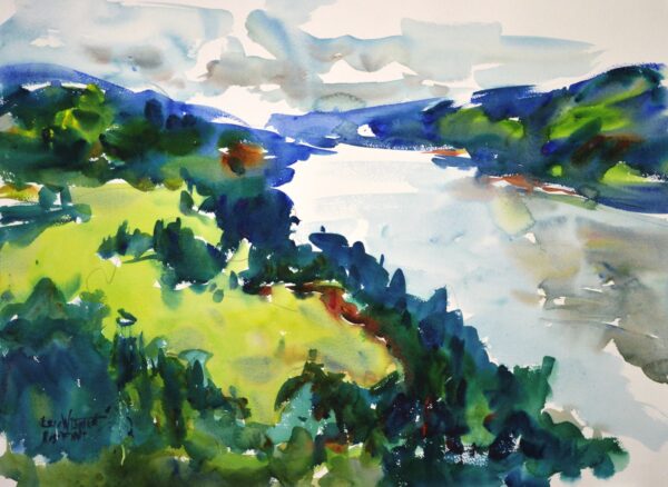 4693 Columbia Gorge, original watercolor painting by Eric Wiegardt of the Columbia River as it flows down the gorge of varying green hills beneath a cloudy sky.