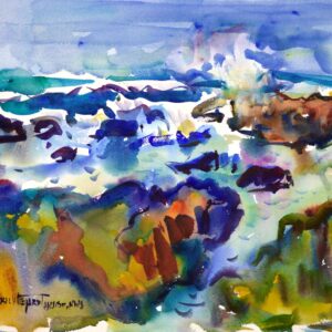 4694 Asilomar Marine, original watercolor painting by Eric Wiegardt of the ocean waves crashing and running around the rocky beach. The ocean is varying blues and white and the rocks are colored in greens, browns and red.