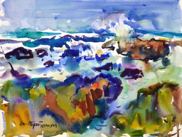4694 Asilomar Marine, original watercolor painting by Eric Wiegardt of the ocean waves crashing and running around the rocky beach. The ocean is varying blues and white and the rocks are colored in greens, browns and red.