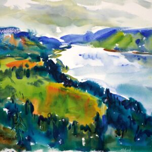 4695 Columbia Gorge Afternoon. original watercolor painting by Eric Wiegardt of the Columbia River flowing down the gorge between hills of varying greens and tans under a cloudy sky.