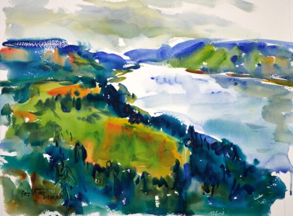4695 Columbia Gorge Afternoon. original watercolor painting by Eric Wiegardt of the Columbia River flowing down the gorge between hills of varying greens and tans under a cloudy sky.