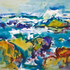 4696 Unharnessed, original watercolor painting by Eric Wiegardt of ocean waves flowing in and around the rocky coast.
