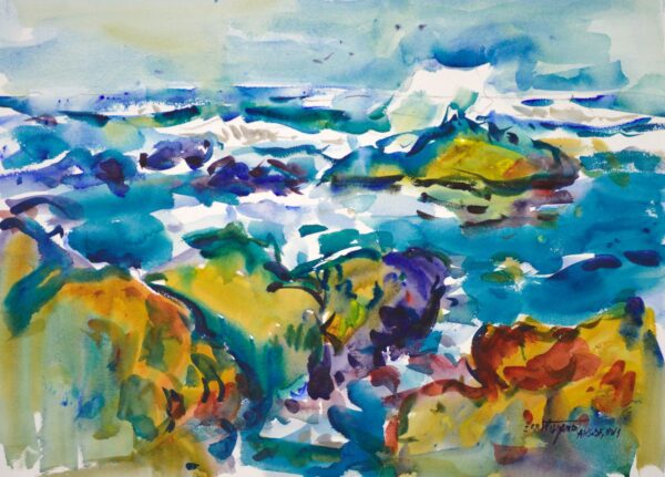 4696 Unharnessed, original watercolor painting by Eric Wiegardt of ocean waves flowing in and around the rocky coast.