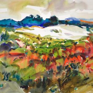 4697 White Dune, original watercolor painting by Eric Wiegardt of a white beach dune surrounded by blue hills beyond and green grey and red foliage on the near side.