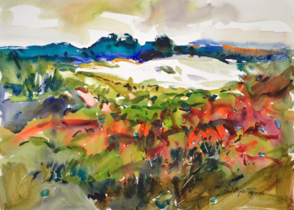 4697 White Dune, original watercolor painting by Eric Wiegardt of a white beach dune surrounded by blue hills beyond and green grey and red foliage on the near side.