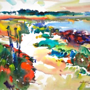 4699 Beach Walk, original watercolor painting by Eric Wiegardt of a couple walking along the beach with the water nearby. The colors are bright cheerful colors of reds, greens, and blues with a tan sandy path between.