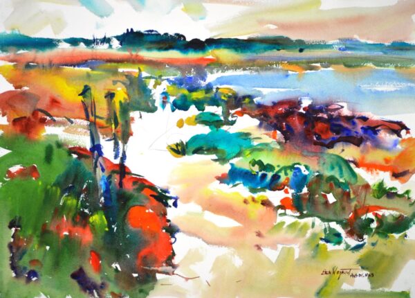 4699 Beach Walk, original watercolor painting by Eric Wiegardt of a couple walking along the beach with the water nearby. The colors are bright cheerful colors of reds, greens, and blues with a tan sandy path between.