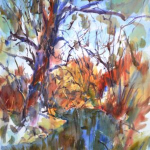 4700 Oak, original watercolor painting by Eric Wiegardt of an almost leafless oak with golden and orange shrubbery beneath and blue sky above.