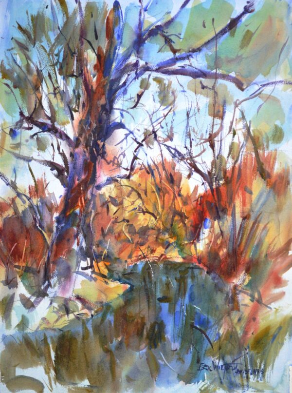 4700 Oak, original watercolor painting by Eric Wiegardt of an almost leafless oak with golden and orange shrubbery beneath and blue sky above.