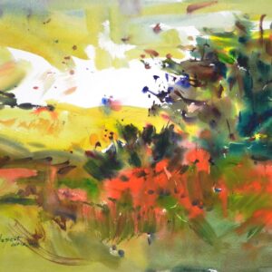 4702 Friendships, original watercolor painting by Eric Wiegardt of dark green and red shrubs with light green grasses around
