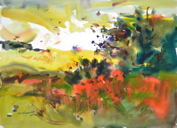 4702 Friendships, original watercolor painting by Eric Wiegardt of dark green and red shrubs with light green grasses around