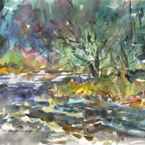 4704 Snow Flurries, original watercolor painting by Eric Wiegardt of white specks of snow falling among the dark shades of grey, greens, blues and some golden tones.