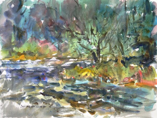 4704 Snow Flurries, original watercolor painting by Eric Wiegardt of white specks of snow falling among the dark shades of grey, greens, blues and some golden tones.