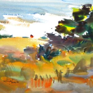 4705 Summer Breeze, original watercolor painting by Eric Wiegardt a couple walking through dune grasses of gold, red and light green with dark green trees on the right and blue sky with clouds above.