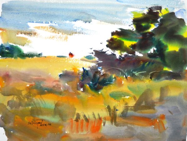 4705 Summer Breeze, original watercolor painting by Eric Wiegardt a couple walking through dune grasses of gold, red and light green with dark green trees on the right and blue sky with clouds above.