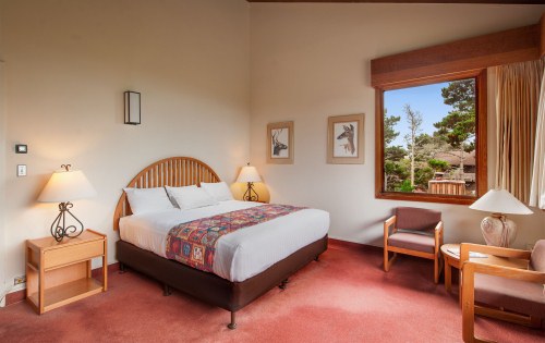A cozy hotel room featuring a king-size bed with a wooden headboard, white linens, and a colorful patterned bed runner. The room has light-colored walls and a reddish-orange carpet. To the left of the bed, a nightstand with a decorative lamp is visible. On the right, a large window with wooden trim offers a view of green trees and glimpses of the Asilomar Conference Grounds architecture. Two armchairs and a small table are arranged by the window, under another lamp. The room appears warm and inviting.
