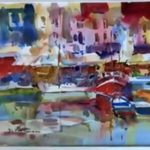 An abstract watercolor painting by Eric Wiegardt depicting a harbor scene with buildings and boats. The painting features vibrant washes of blue, red, yellow, and brown, with loose, expressive brushstrokes creating the forms of waterfront structures and boats. A prominent red boat stands out in the lower right, and reflections of the colorful buildings shimmer in the water below, capturing the lively atmosphere of a European harbor.