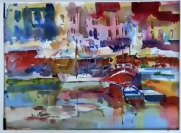 An abstract watercolor painting by Eric Wiegardt depicting a harbor scene with buildings and boats. The painting features vibrant washes of blue, red, yellow, and brown, with loose, expressive brushstrokes creating the forms of waterfront structures and boats. A prominent red boat stands out in the lower right, and reflections of the colorful buildings shimmer in the water below, capturing the lively atmosphere of a European harbor.