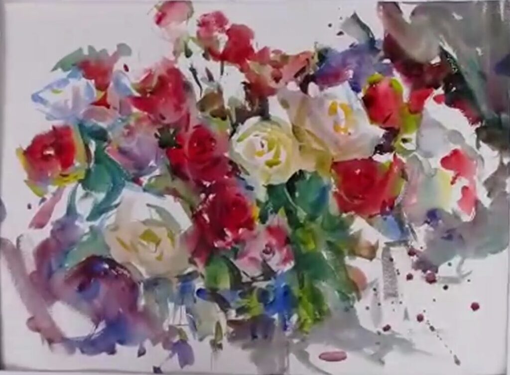 An expressive watercolor painting by Eric Wiegardt of a vibrant floral bouquet. The composition features loose, bold strokes of reds, whites, pinks, and yellows for the blossoms, with hints of green and purple for foliage and shadows. The background is light, allowing the dynamic colors of the flowers to stand out, showcasing a lively and fluid style.