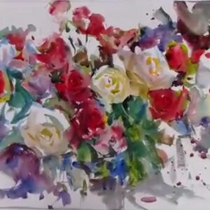 An expressive watercolor painting by Eric Wiegardt of a vibrant floral bouquet. The composition features loose, bold strokes of reds, whites, pinks, and yellows for the blossoms, with hints of green and purple for foliage and shadows. The background is light, allowing the dynamic colors of the flowers to stand out, showcasing a lively and fluid style.