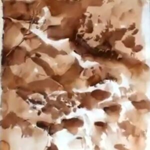 A detailed view of a watercolor painting in its initial stages, using abstract washes of brown and cream to establish the foundational tones and movement for a waterfall scene.