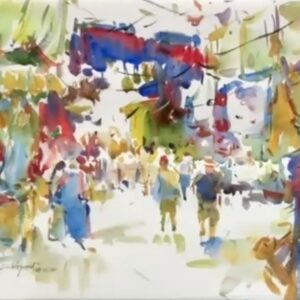 A vibrant watercolor painting of a Moroccan market by artist Eric Wiegardt. Created during a technical demonstration, the piece captures the lively atmosphere with a fluid, impressionistic style and a bold palette of reds, blues, and yellows.