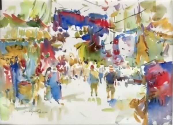 A vibrant watercolor painting of a Moroccan market by artist Eric Wiegardt. Created during a technical demonstration, the piece captures the lively atmosphere with a fluid, impressionistic style and a bold palette of reds, blues, and yellows.