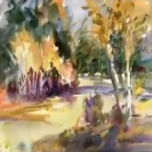 A watercolor painting of a woodland clearing, created in a loose, impressionistic style. The piece captures a sunlit atmosphere with a warm palette of yellows and greens, focusing on a prominent white-barked tree and lush foliage.