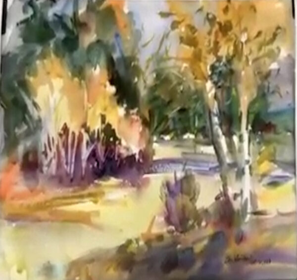 A watercolor painting of a woodland clearing, created in a loose, impressionistic style. The piece captures a sunlit atmosphere with a warm palette of yellows and greens, focusing on a prominent white-barked tree and lush foliage.