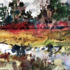 An expressive watercolor painting by artist Eric Wiegardt, based on a marshland reference photo. The piece uses a bold, fluid palette of reds, greens, and yellows to capture the scene and its vibrant, abstract reflection in the water.