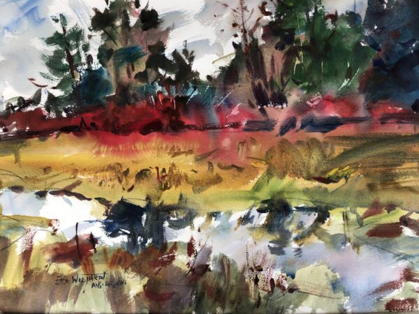 An expressive watercolor painting by artist Eric Wiegardt, based on a marshland reference photo. The piece uses a bold, fluid palette of reds, greens, and yellows to capture the scene and its vibrant, abstract reflection in the water.