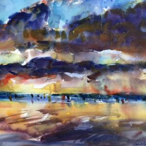 A dynamic watercolor painting of a sunset beach scene, capturing a dramatic sky with heavy clouds and the brilliant golden light reflecting on the wet sand. The piece uses a fluid, impressionistic style with a bold palette of blues, purples, and yellows to evoke the atmosphere of the moment.