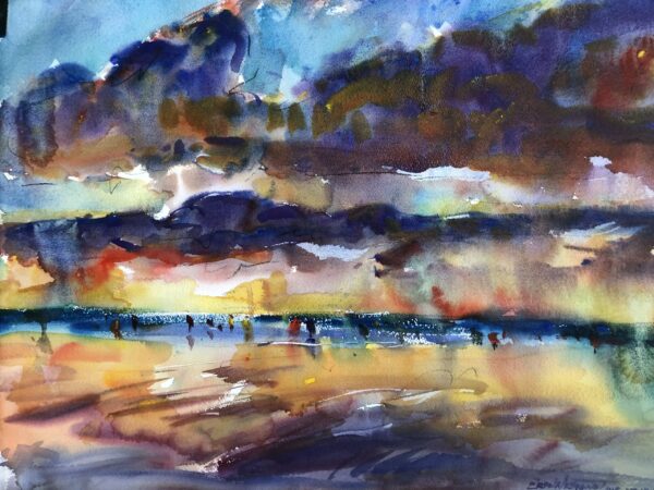 A dynamic watercolor painting of a sunset beach scene, capturing a dramatic sky with heavy clouds and the brilliant golden light reflecting on the wet sand. The piece uses a fluid, impressionistic style with a bold palette of blues, purples, and yellows to evoke the atmosphere of the moment.