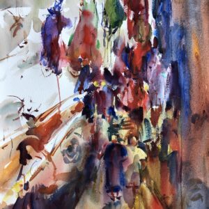 An expressive watercolor painting by Eric Wiegardt of a narrow, sunlit alleyway with a canopy of colorful, abstract hanging shapes representing yarn. The left wall features gestural marks suggesting graffiti, and two figures walk away from the viewer.